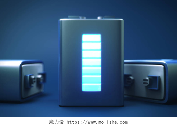 蓝色背景墙的智能电池大锂电池或可充电蓄能器的创造性3d 渲染.